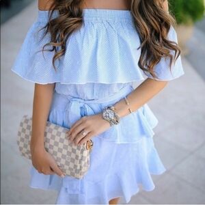 Topshop Frill Bardot Ruffle Off Shoulder Dress Women's 6 Blue White Pinstripe